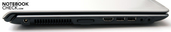 Lado esquerdo: 2 USB, HDMI, leitor de cartão, DC, entradas áudio