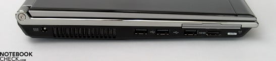 Lado Esquerdo: conector de força, ventilador, 3x USB, HDMI, ExpressCard