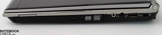 Lado Direito: DVD drive, leitor de cartões, portos de áudio (S/PDIF), USB, Kensington lock