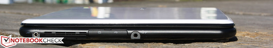 Lado Esquerdo: AC, Mini VGA, USB 2.0 (embaixo da lapela), porta para fones/microfone