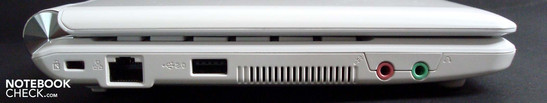 Lado esquerdo: trava Kensington, LAN, USB, ventilação, áudio