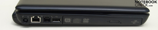 Lateral esquerdo: Led de bateria, alimentação, LAN (RJ-45), modem (RJ-11), USB, drive óptica