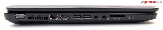Esquerda: VGA, RJ45 Fast Ethernet LAN, HDMI, 2x USB 2.0, microfone, fones, leitor de cartões