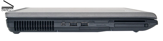 Lado esquerdo: saídas de ar, FireWire, 2x USB-2.0, ExpressCard/54, 5in1 Leitor de cartão, cartão, SmartCard