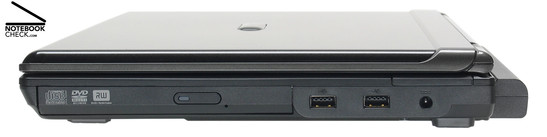 Lado Direito: drive de DVD, 2x USB-2.0, conector de energia