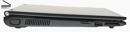 Esquerda: VGA, Ventilador, Botão WLAN, 1 x USB 2.0, Leitor de Cartões 4-em-1;