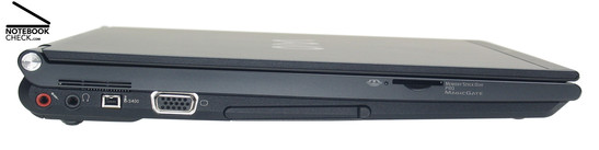 Esquerda: microfone, auscultadores, FireWire (i.LINK, IEEE 1394), VGA, leitor de cartões (memory stick), PC Card