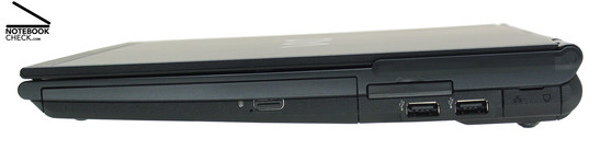 Direita: drive DVD, ExpressCard/34, 2x USB-2.0, LAN, modem, antena WWAN
