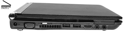 Lado esquerdo: Conector de energia, VGA, interruptor Wireless, saídas de ar, 2x USB-2.0, μ-DVI, Microfone, Fones  de ouvido (S/PDIF), ExpressCard/34