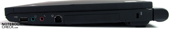 Lado Direito: USB 2.0, portas de áudio, HD e seguro Kensington