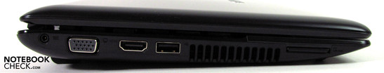 Lado Esquerdo: conector de força, VGA, HDMI, USB 2.0, Leitor de cartões