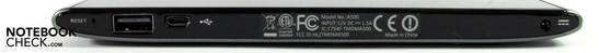 Lado Direito: Reset, USB 2.0, Micro-USB, Conector de força
