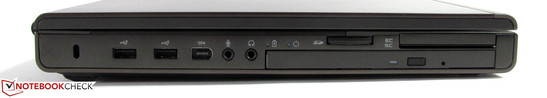 Esquerda: Kensington, 2x USB, Firewire (6-pinos), entrada/saída de áudio, Blu-Ray, leitor de cartões, SmartCard, ExpressCard/54