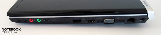 Direita: Saídas de Áudio, S-Link, USB, HDMI, VGA, LAN, Conector de energia