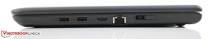 Right: 2 x USB 3.0, HDMI, RJ45 Ethernet, power adapter & OneLink docking port (below cover)