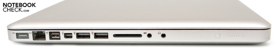 Lado Esquerdo: Conector de Força MagSafe, RJ-45, FireWire 800, Thunderbolt (incluindo Mini DisplayPort), 2x USB 2.0, Leitor de Cartões (SD, SDHC, SDXC), Conector para fones, saída para microfone
