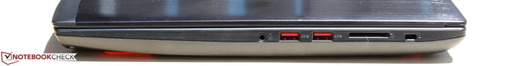Right: 3.5 mm combo audio, 2x USB 3.0, SD reader, Kensington Lock