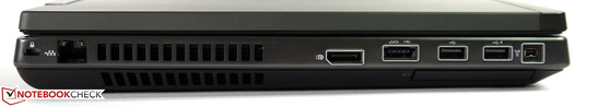 Lado esquerdo: Seguro Kensington, Gigabit LAN, DisplayPort, USB 2.0/eSata, 2x USB 2.0, FireWire 400
