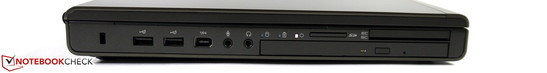 Esquerda: Seguro Kensington, 2x USB 2.0, FireWire 400, conectores de áudio, leitor de cartões, Gravador de Blu-Ray, Leitor de Smart Card, ExpressCard 54/34