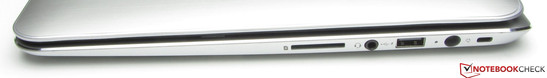 Lado direito: leitor de cartões (SD, MMC), conector combinado de áudio, USB 2.0, conector de força, Seguro Kensington.
