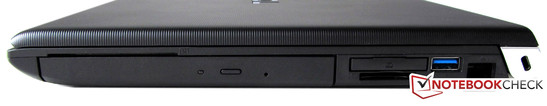 Direita: DVD, Leitor SmartCard, ExpressCard 34 mm, USB 3.0, 2 USB 2.0s