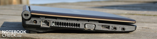 Lado Esquerdo: Seguro Kensington, Strom, Ethernet, VGA, USB 2.0, microfone, fones