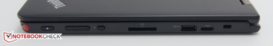 Lado direito: stylus, botão interruptor, controle do volume, seguro de rotação, leitor de cartões, USB 3.0, Mini-HDMI, slot de bloqueio