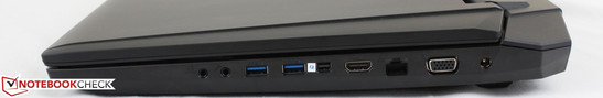 Lado direito: fones de 3,5 mm, microfone de 3,5 mm, 2x USB 3.0, Thunderbolt, saída HDMI, Gigabit LAN, porta VGA, força