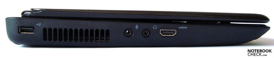 Lado esquerdo: USB, duto de ventilação, microfone, fones, HDMI