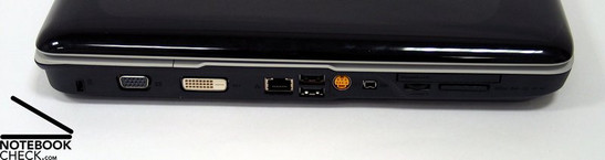 Lado esquerdo: Fecho Kensington, VGA, DVI-D, LAN, 2x USB, S-Video, Firewire, Leitor de cartões, ExpressCard