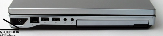 Lado Esquerdo: conector de força, LAN, 2x USB 2.0, portos de áudio (microfone, fones), DVD drive