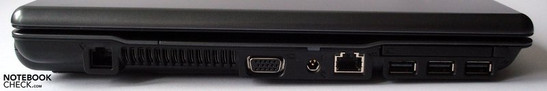 Lado Esquerdo: Modem, ranhuras de ventilação, VGA, ligação da corrente, 10/100 Ethernet, ExpressCard/54 com 3 portas USB 2.0 por baixo