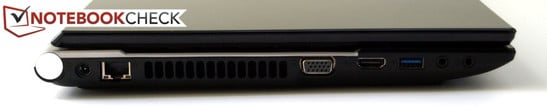 Lado esquerdo: Conector de força, RJ-45 (LAN), ventilador, VGA, HDMI, USB 3.0, microfone, fones