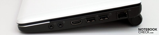 Direita: Headfones, microfone, HDMI, USB 2.0, Powered-USB, RJ-45 (LAN)