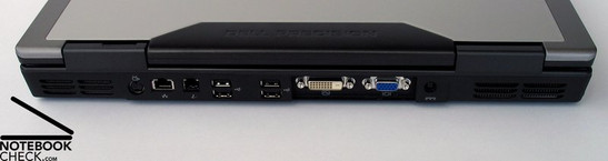 Lado Posterior: Ventilador, S-Video, LAN, Modem, 4xUSB, DVI-D, VGA, Conector de Força, Ventilador