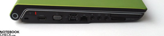Lado Esquerdo: Trava Kensington, HDMI, saída VGA, 2x USB 2.0, LAN, Saídas de Áudio, ExpressCard, Leitor de cartão SD