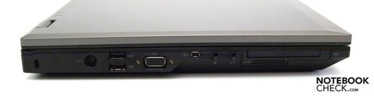 Lado Esquerdo: Compartimento de Segurança Kensington, 2x USB-2.0, VGA, FireWire, microfone, fones, ExpressCard/54, leitor de cartões 3-em-1