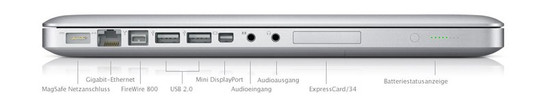 Todas as interfaces (exceto o Kensington Lock) estão no lado esquerdo: MagSafe (força), Gigabit LAN, FireWire 800, 2x USB 2.0, Mini DisplayPort, Linha de entrada (análoga / ótica), Fones e Saída (análoga / ótica)