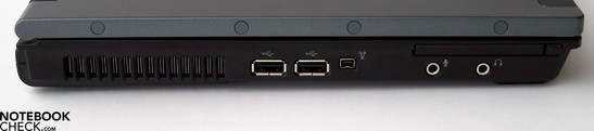 Lado Esquerdo: Ventilador, 2x USB 2.0, FireWire, Portos de Áudio, PC Card