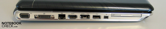 Lado Esquerdo: VGA, docking, LAN, HDMI, eSATA/USB, USB, FireWire, ExpressCard