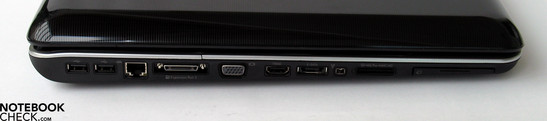 Lado Esquerdo: 2x USB, LAN, Saída de Expansão, Saída VGA, HDMI, eSATA, FireWire, leitor de cartão, ExpressCard