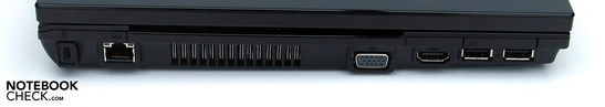 Esquerda: Kensington Lock, LAN, VGA, HDMI, 2xUSB, Express Card de 34mm