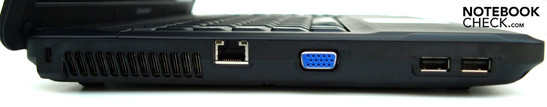 Esquerda: Ranhura de bloqueio Kensington, ranhura de ventilação, RJ-45 (LAN), VGA, 2x USB 2.0