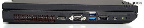 Esquerda: Ventilador, Porto de Imagem, VGA, 2x USB 3.0, USB/eSATA combo, Firewire, interruptor WiFi