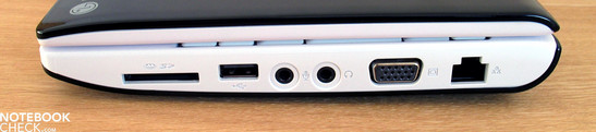 Lado direito: Leitor de cartões, áudio, USB 2.0, Saída VGA, LAN