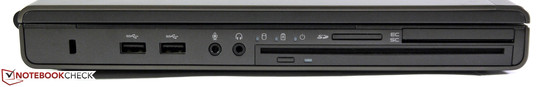 Esquerda: Kensington, 2x USB 3.0, áudio, slot-in drive óptico, leitor de cartões, leitor SmartCard, ExpressCard 54/34