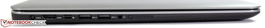 Esquerda: Conexão de força, HDMI, Mini DisplayPort, 2 x USB 3.0, Linha de Entrada /Saída, indicador de carga da bateria
