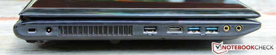 Esquerda: Seguro Kensington, conector de força, USB 2.0, 2x USB 3.0, microfone/fones