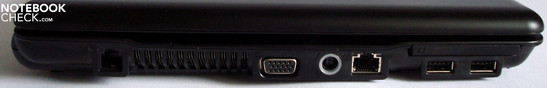 Lado Esquerdo: Modem, ranhura de ventilação,VGA, alimentação, Ethernet 10/100, ExpressCard54 com duas portas USB por baixo.