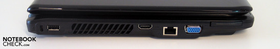 Lado esquerdo: Kensington Lock, USB, HDMI, LAN, VGA, ExpressCard 34mm